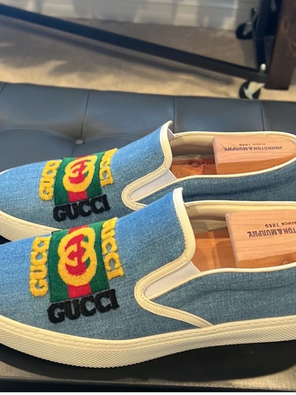 Gucci Men’s Denim Slip-On Sneakers with Multicolor Embroidered Logo
